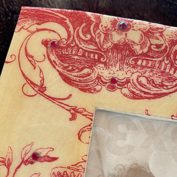 D. L. Rhein Red Toile Print & Crystals on Pale Yellow 6-3/4” Square Frame - Picture 3 of 8